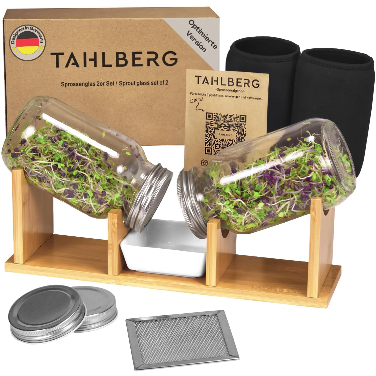 Hochwertiges Sprossenglas Keimglas Set Bambus – für Sprossenkeime – inkl. Deckel & Anleitung – Keimglas 2er Set