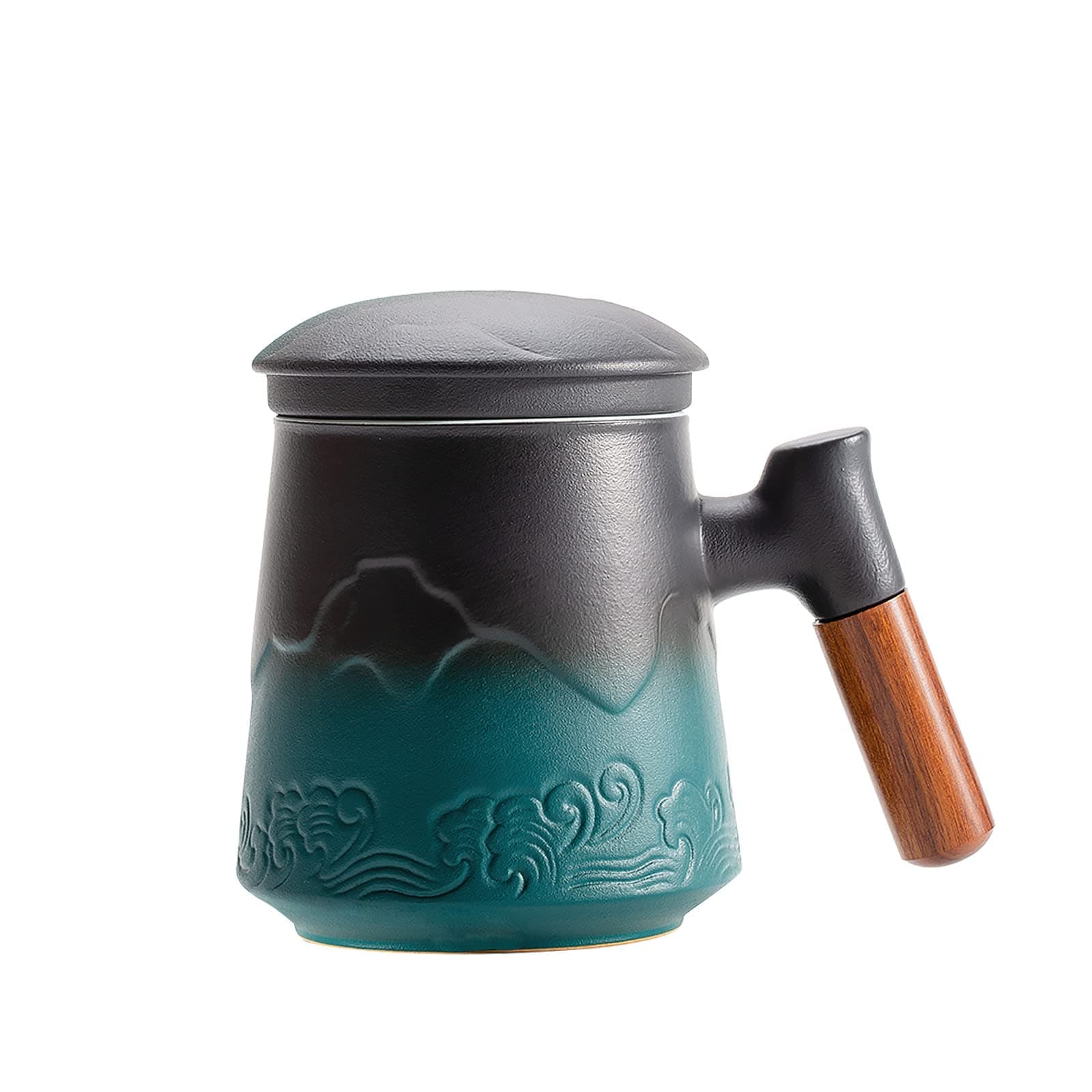 ZENS Teetasse mit Deckel und Teesieb für Tee Liebhaber bei\viewschiebung und Atemluft, 450ml, Große Holzgriff Matte Kera