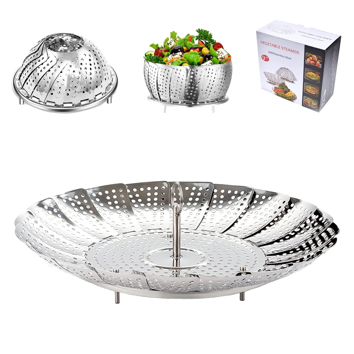 Edelstahl Dampfgarer für Baby-Nahrung, einstellbar Dünsteinsatz faltbarer Körbchen, rostfrei für Spülmaschine (14-23cm)