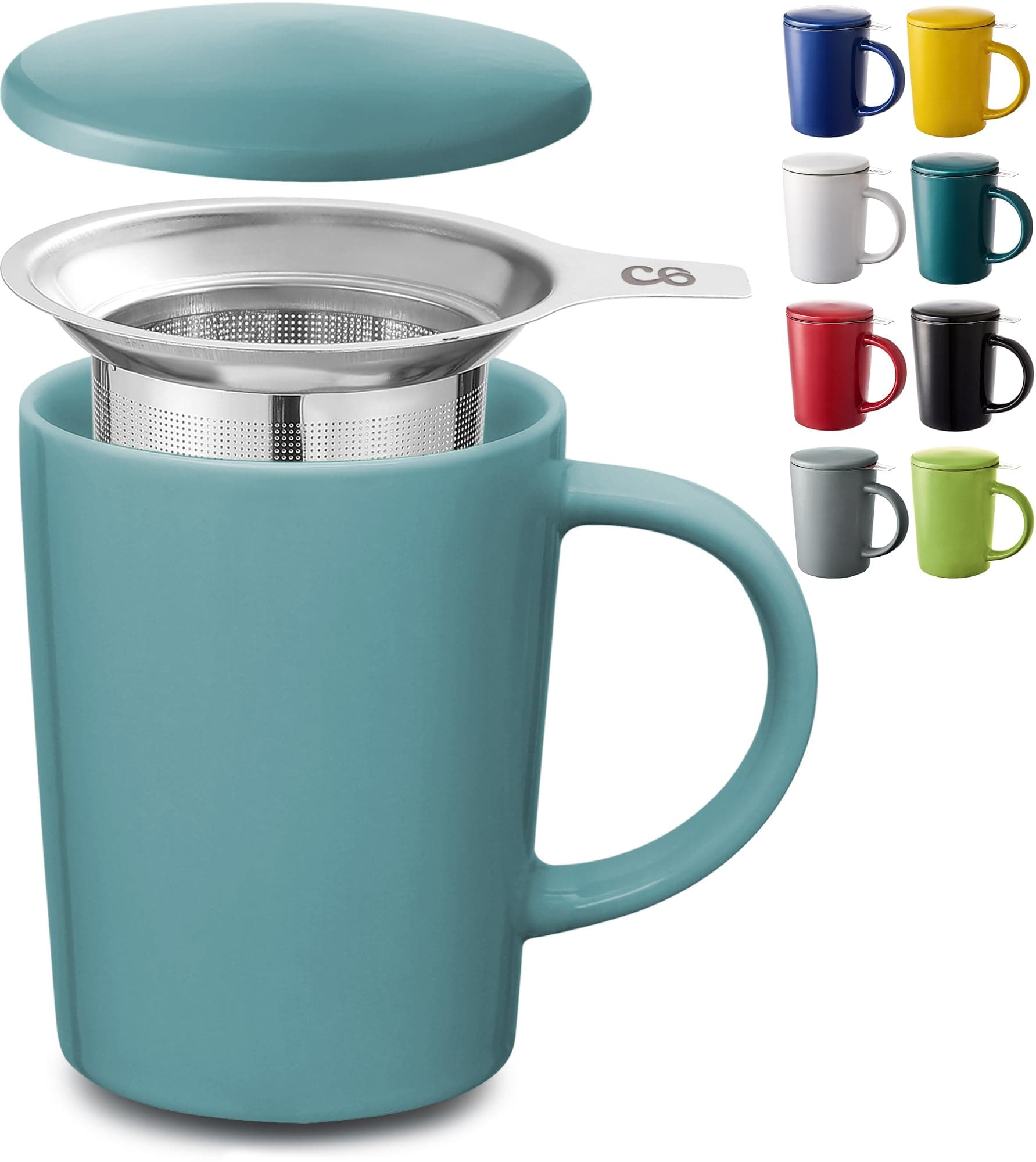 Cosumy Keramik Teetasse mit Sieb und Deckel - Hält lange warm - Spülmaschinenfest - Ideal für Tagesgebrauch - 400ml