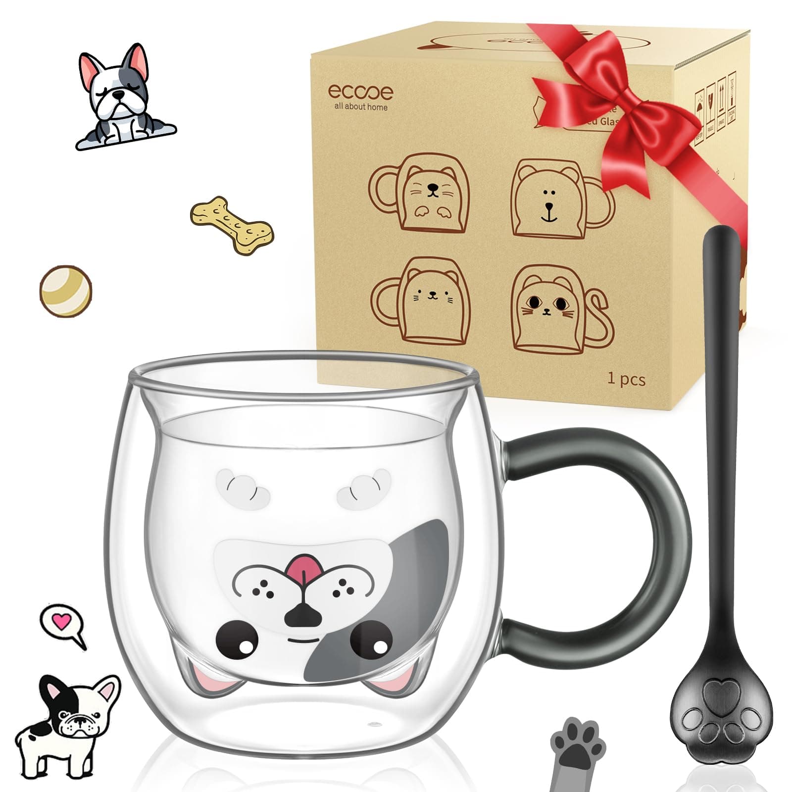 Ecoeod Hund Tasse Doppeltgewandige Gläser für Frauen und Männer 280ml Geburtstag Geschenke Valentinstag