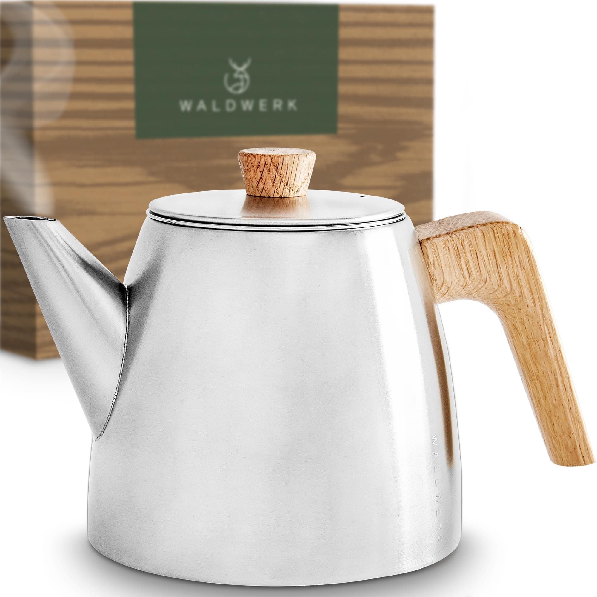 WALDWERK Tropffreie Teekanne 304 Edelstahl - IDEAL für Teebewerter - Holzgriffesignierungen - 1 Liter Doppelwandige Teek