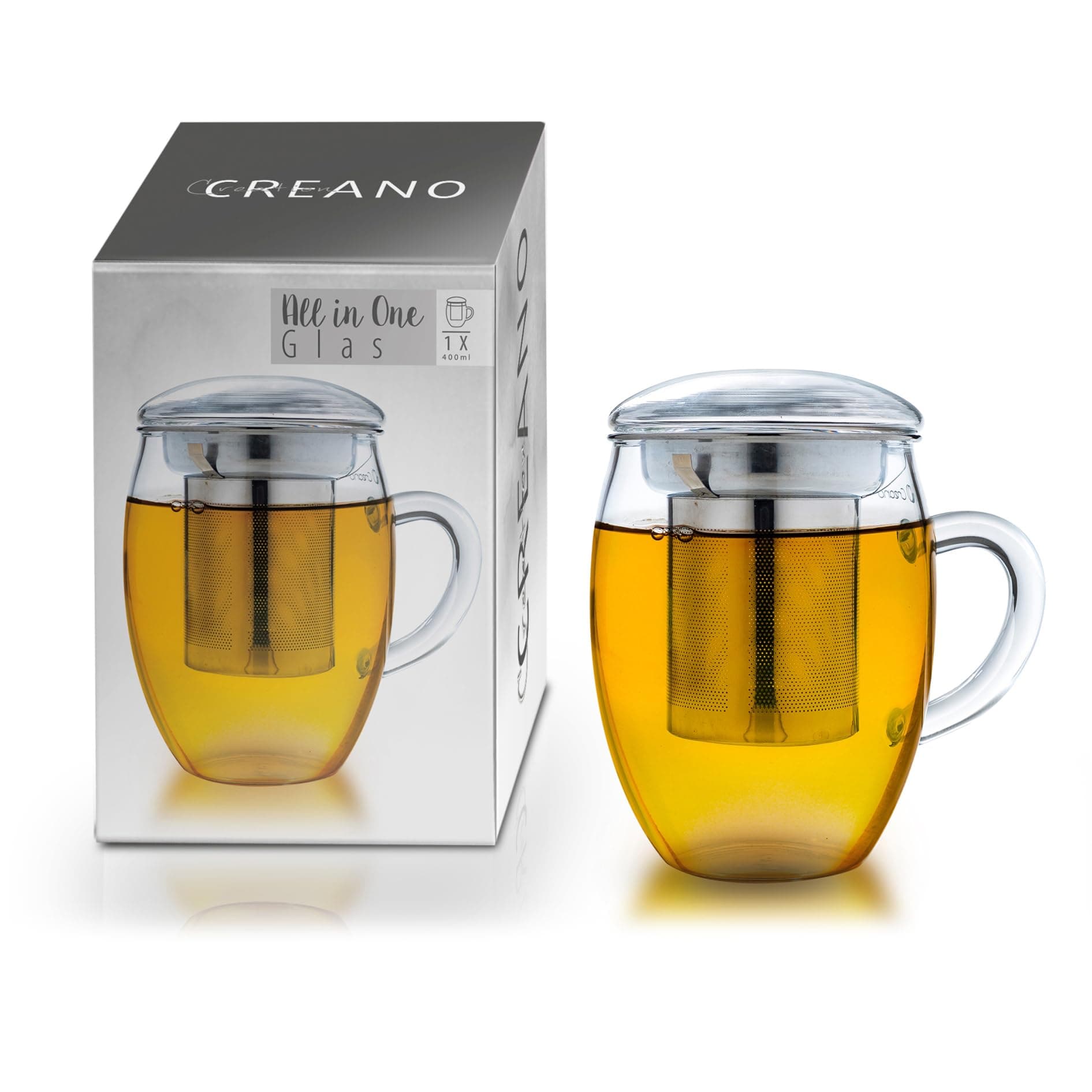 Creano Teeglas all in one 400ml - Große Teetasse mit Edelstahlsieb und Glasdeckel für echten Geschmack (1x 400ml)  
Crea