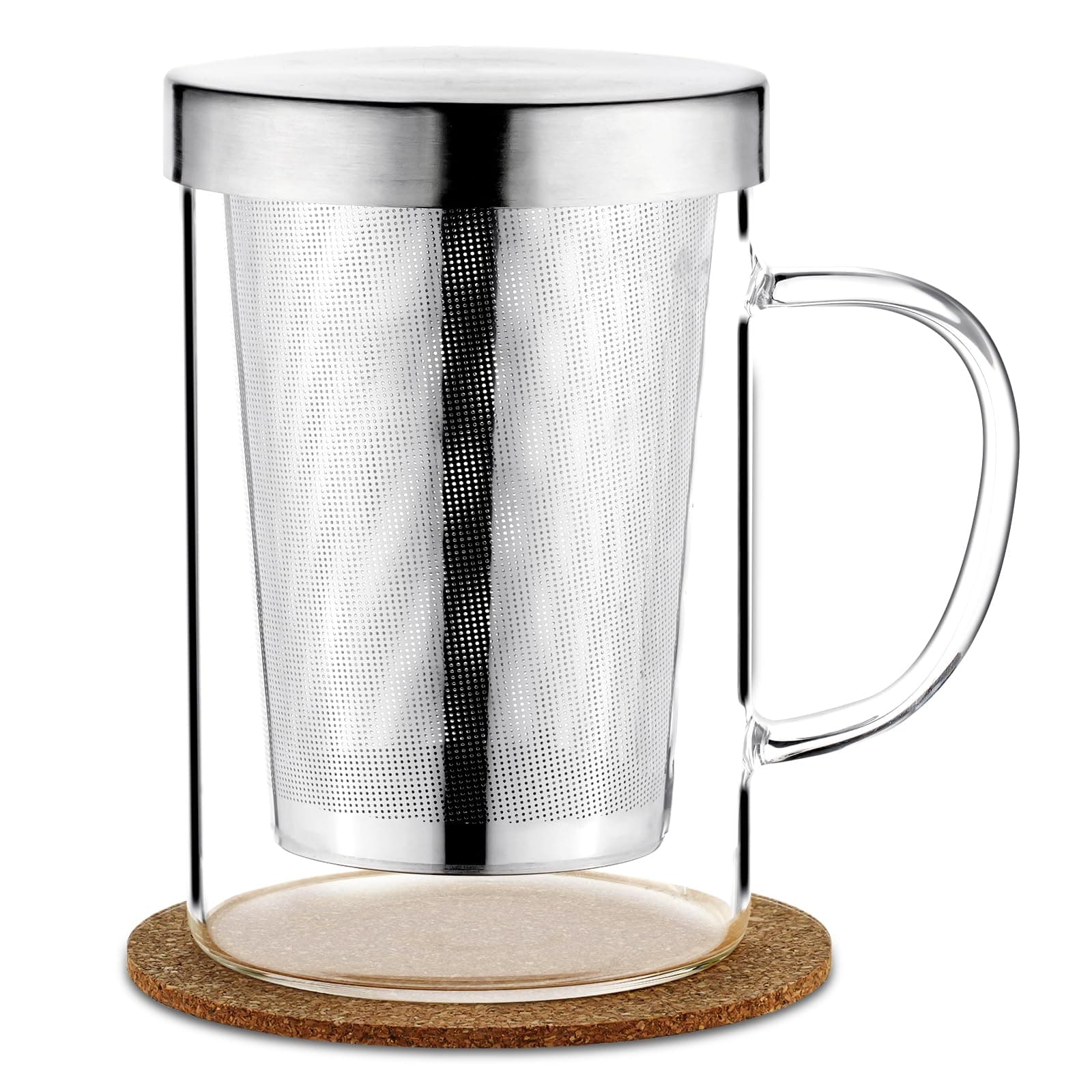 Grosser Teetee Becher mit Edelstahl Sieb und Deckel, 500ml Borosilikat Teeglas für Blumentee
| Borosilikat Teetasse mit