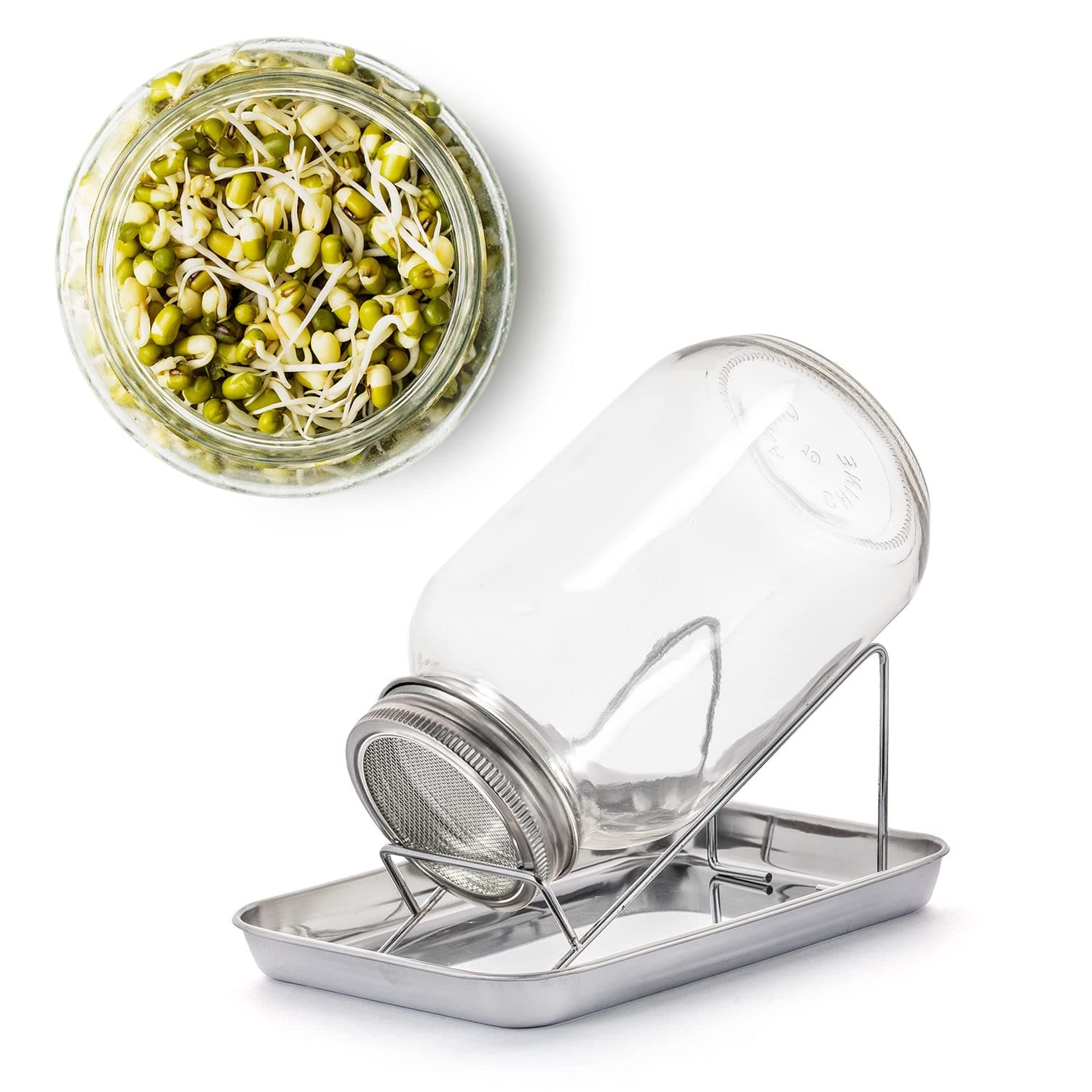 BigDean Sprossenglas und Keimglas Set 1000 ml - Edelstahl-Gitterdeckel + Ständer - Anbau-Set für Sprossen & Keimlingen