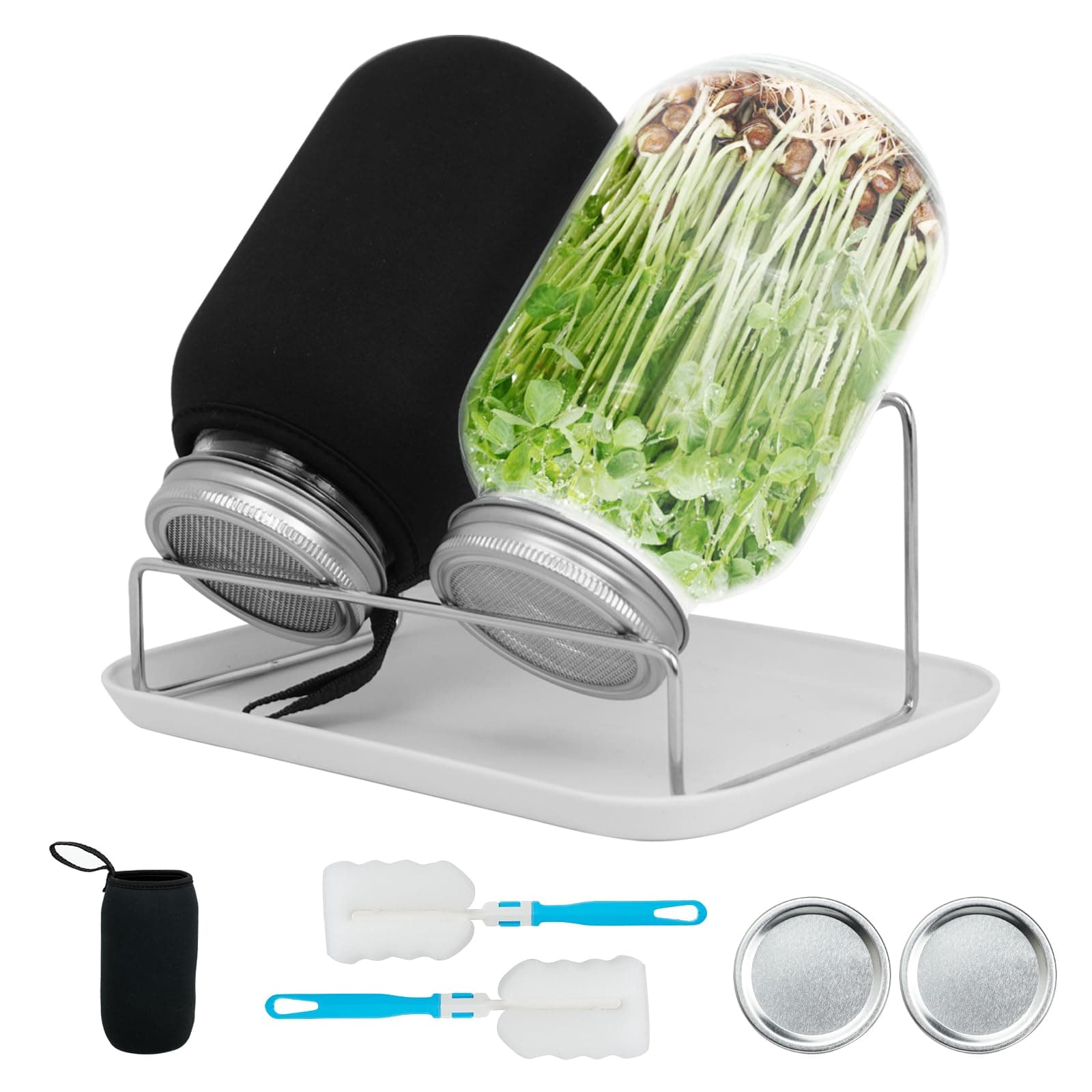 2 Stk Breiter Öffnung Sprossenglas 1000ml für Keimglas und Sprossenzucht Mit Deckel, Tropfschale und Bürste, ideal für d