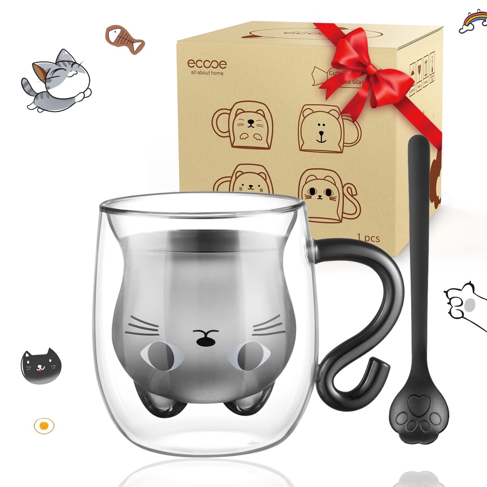 Ecoe Doppelwandige Süße Katze Latte Macchiato Gläser für Frau und Mann 290ml Valentinstag-Geschenk