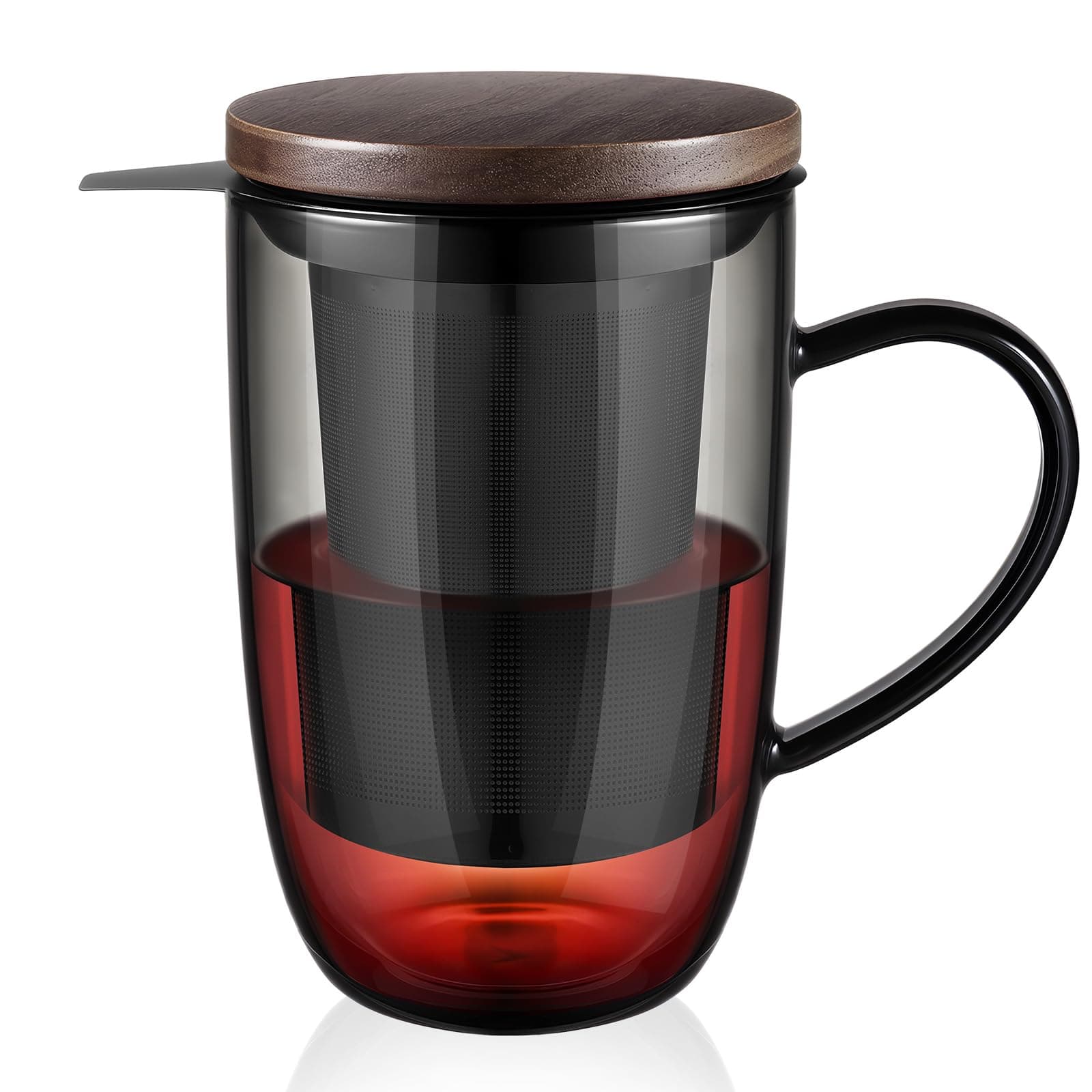 Ecooe schwarze Borosilikat Teetasse 440 ml für Kaffee und Milch mit Edelstahlsieb und Bambus Deckel