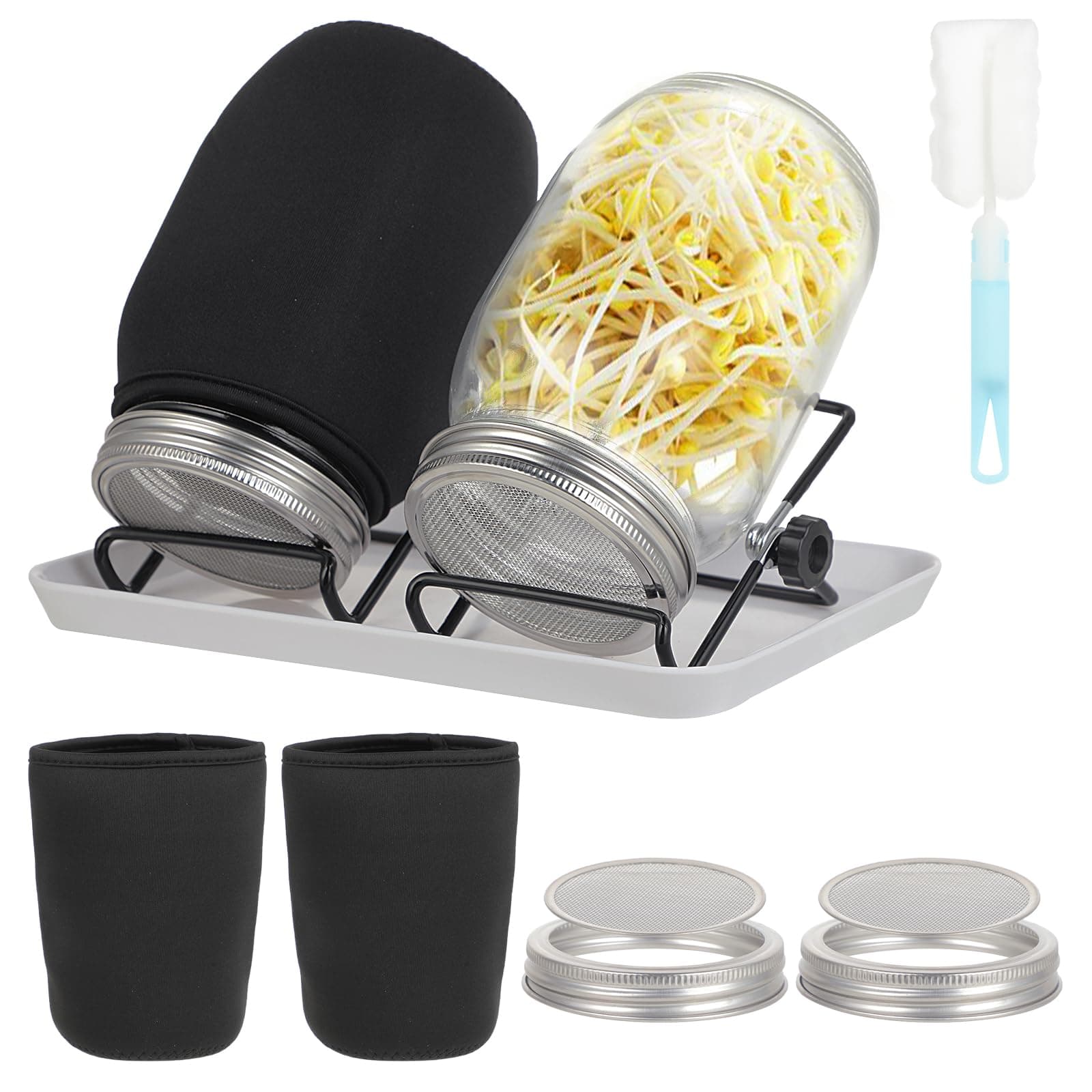 2 Stück Sprossenglas - Keimglas 32oz - Glasmaterial - Inklusive hochwertigem Edelstahl-Gitterdeckel, Ständer, Kunststoff