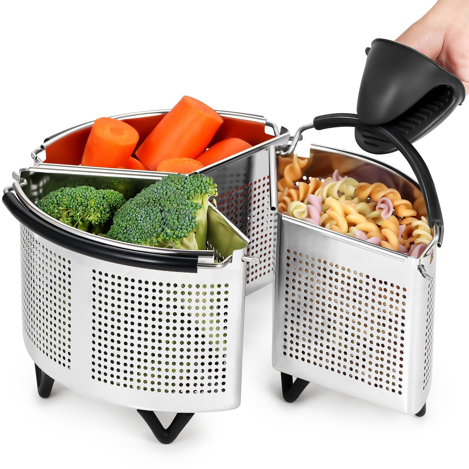 Ecooe Nudelsieb Edelstahl 19cm Kochen von Nudeln, Gemüse und Eiern mit Silikonhandschuhen und Grifftopf