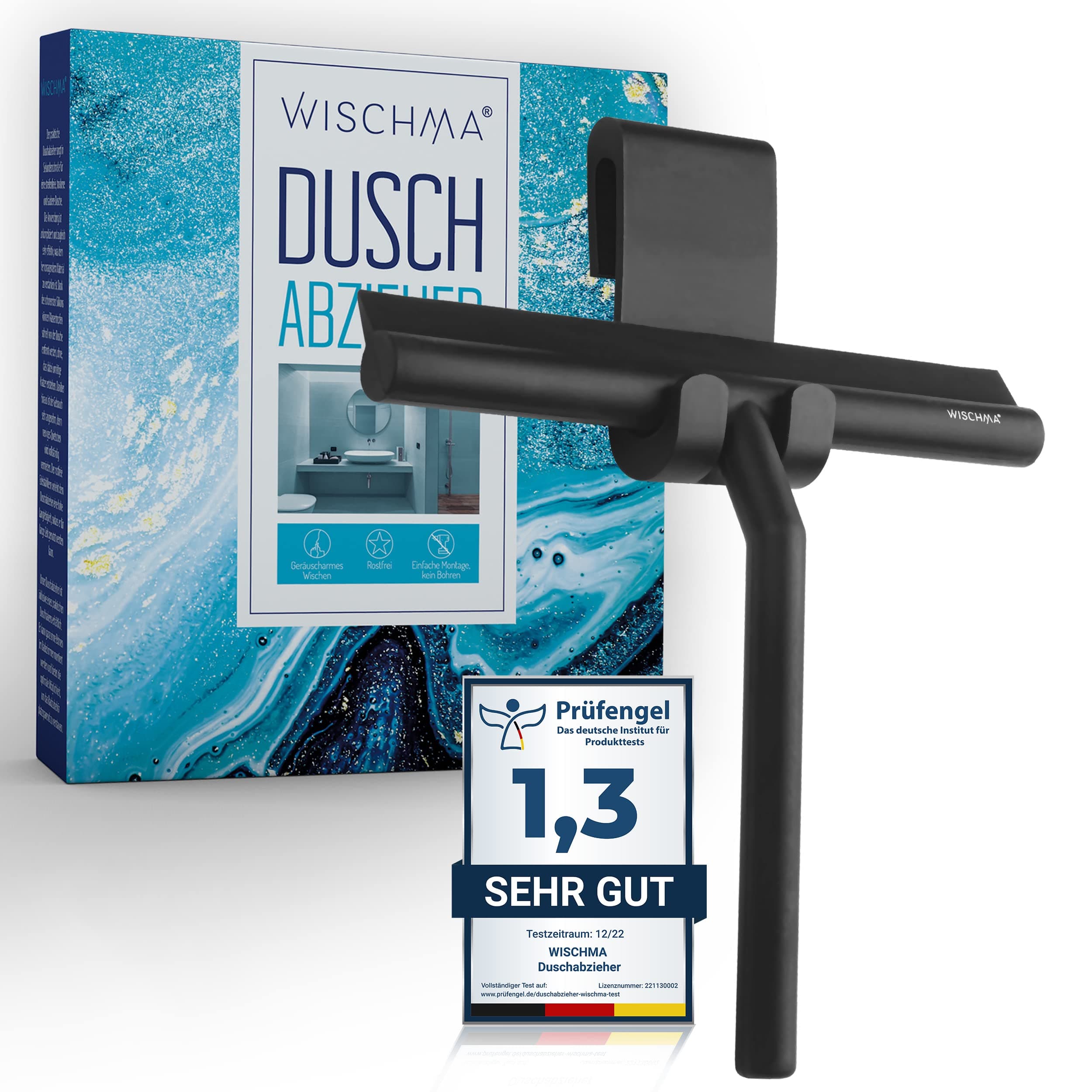 Silikon-Duschabzieher Schwarz - Bohrlochlose Halterung für Dusche, Edelstahl-Kern, Glasabzieher ohne Stripes