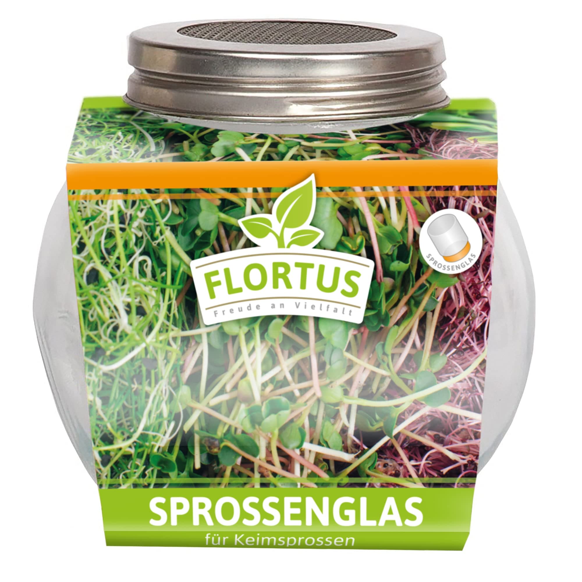 FLORTUS Keimglas mit Edelstahlgitter für Sprossen Anzucht - 11cm x 7cm x 10cm - Keimglas für sproffen Sprossen ziehen -