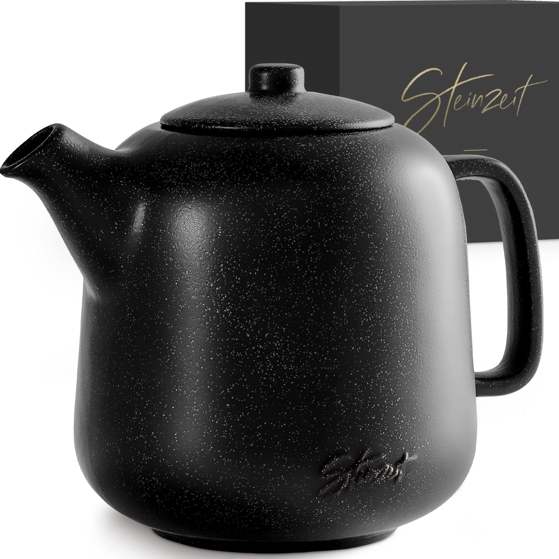 STEINZEIT Design Teekanne Schwarz 1,3L Edelstahl Siebkeramik Glasur