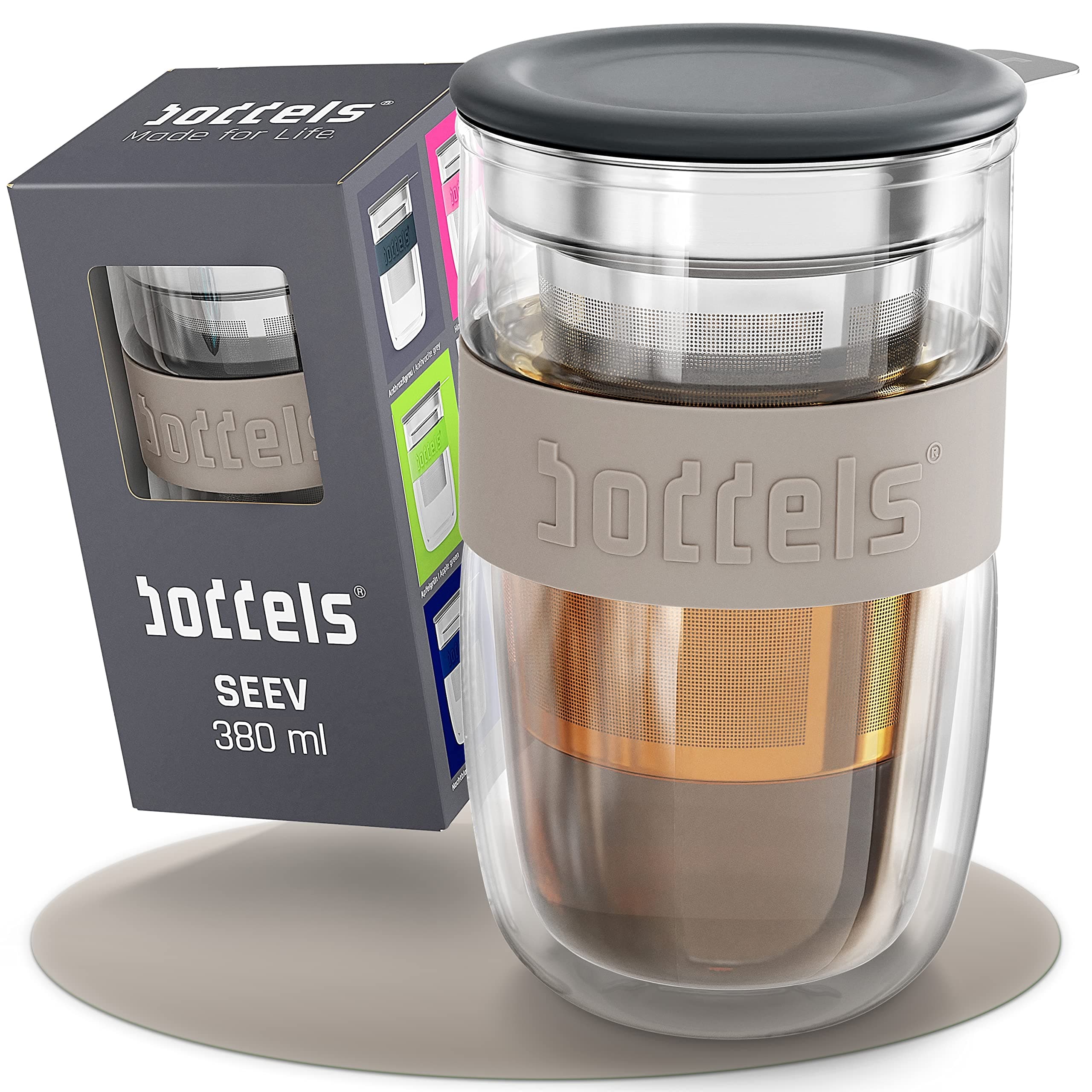 Teebecher mit Sieb 380ml Doppelwandig Taupe