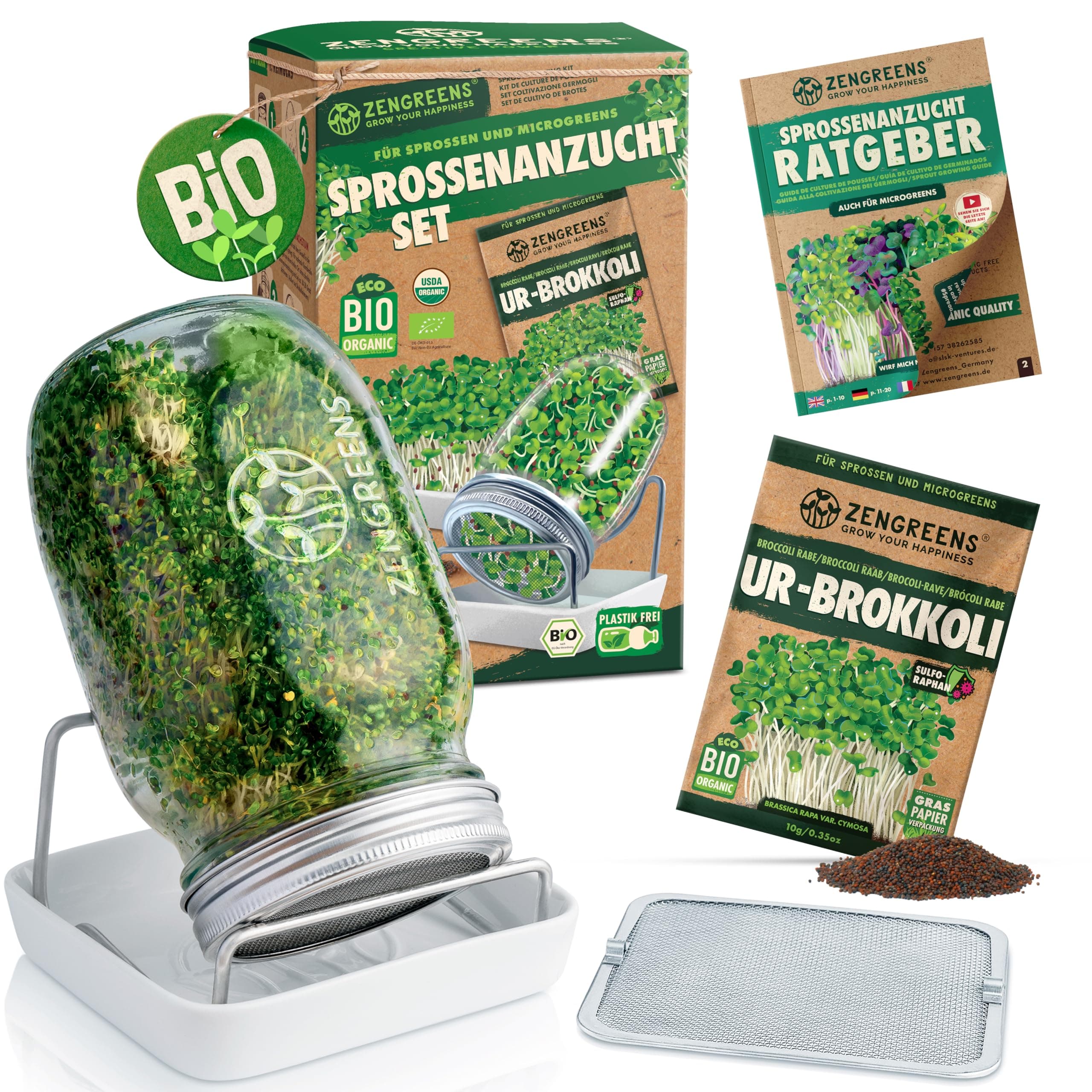 Bio Sprossen Anzuchtset – USDA Organic EU Organic – Sprossenglas 1er, 2er oder 3er Set – Enthält Keimglas, Anzuchtschale