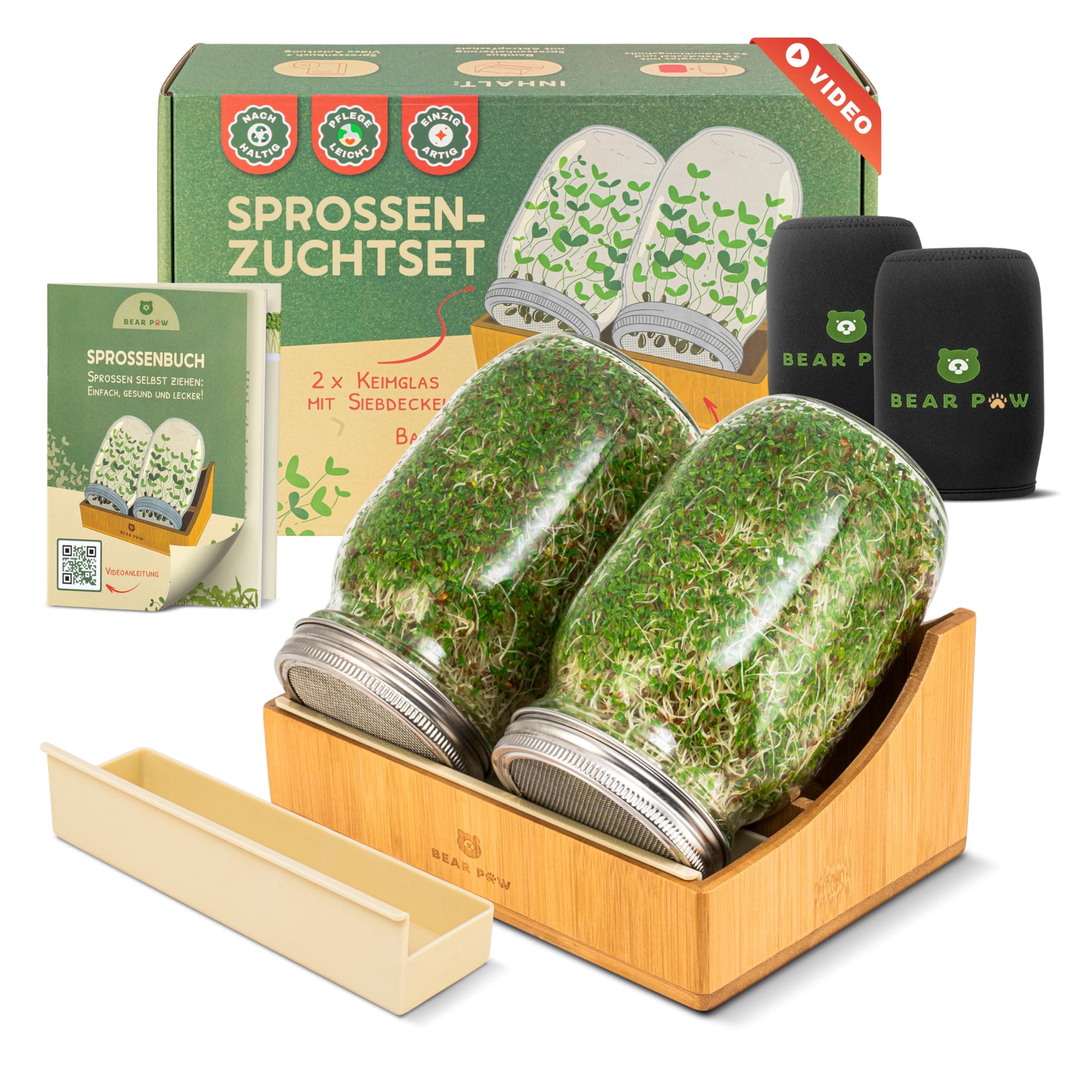 BEAR PAW® Sprossenglas 2er Set - 1000ml Keimglas für Sprossen Keimlinge - inkl. Bambushalterung & Abdunklungshüllen, Gra