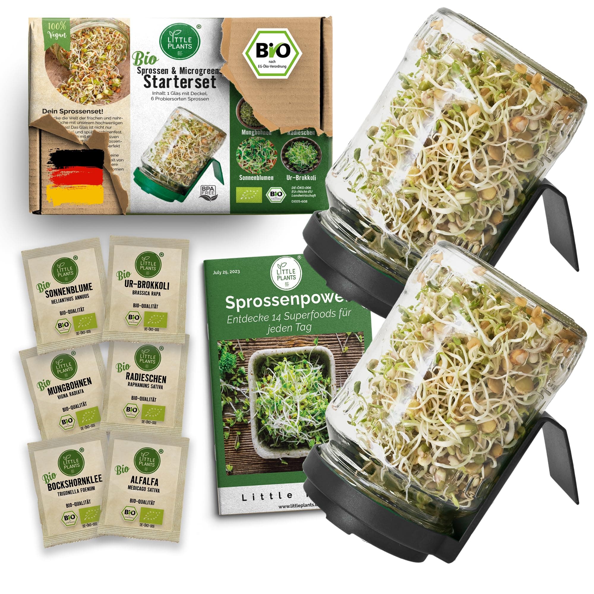 Sprossenglas Set (2er Set) + Bio Sprossen Samen (6 x Teil) inkl. Keimglas (Anthrazit) EU Organic