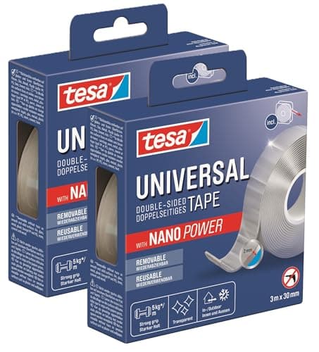 Tesa Universal Nano Tape - transparentes, doppelseitiges Klebeband - ideal für In- und Outdoor - wiederverwendbar und we