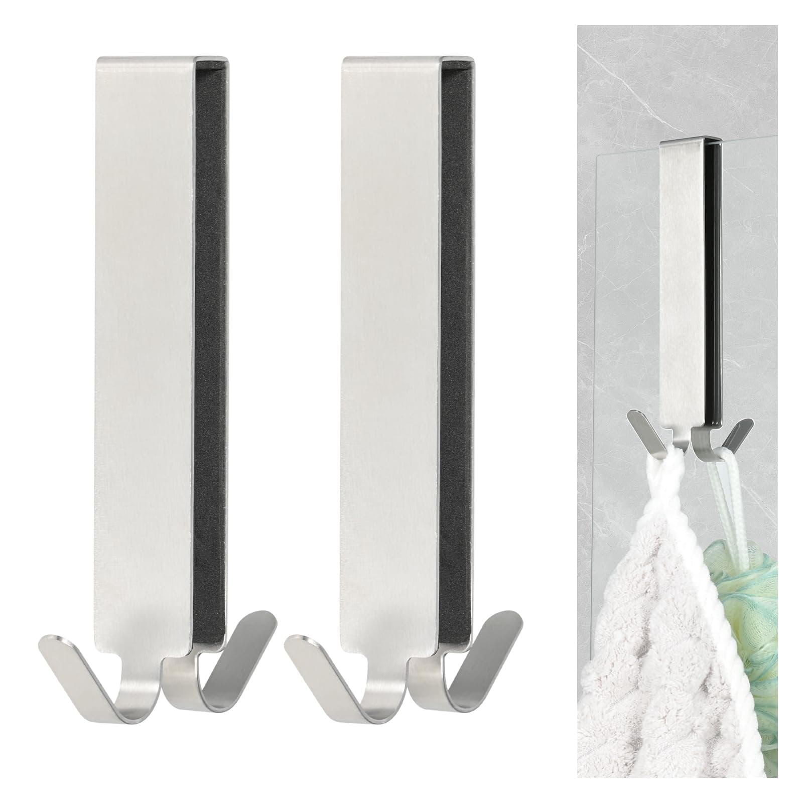 2 Stück Silber Handtuchhalter für Glaswand, Doppelseitige Duschhaken mit EVA Polster und Edelstahl Haken, ideal für Dusc