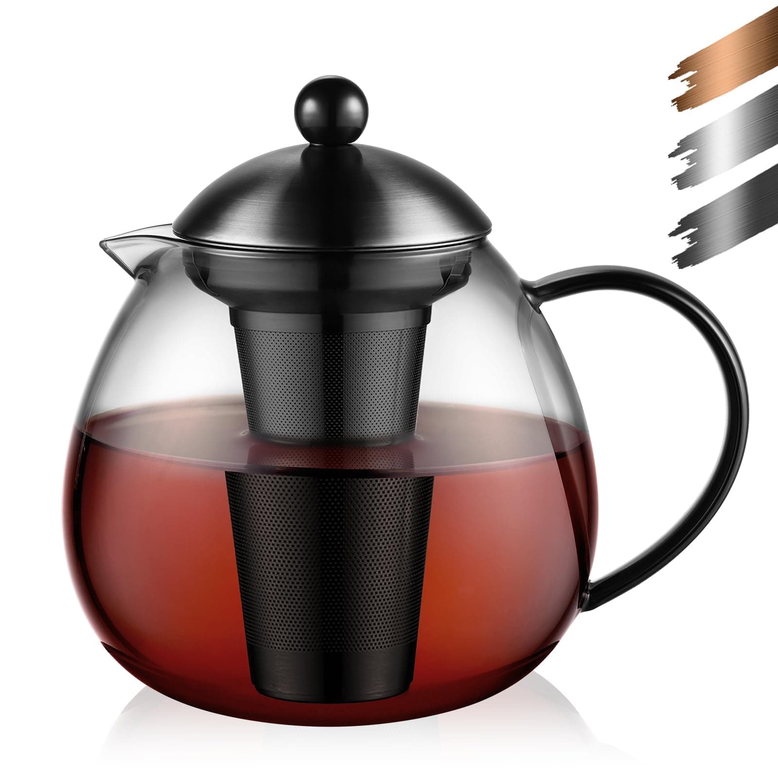 Glastal Schwarzes Teekännchen 1500ml Edelstahl Sieb Borosilicatglas geeignet für Teewärmertop