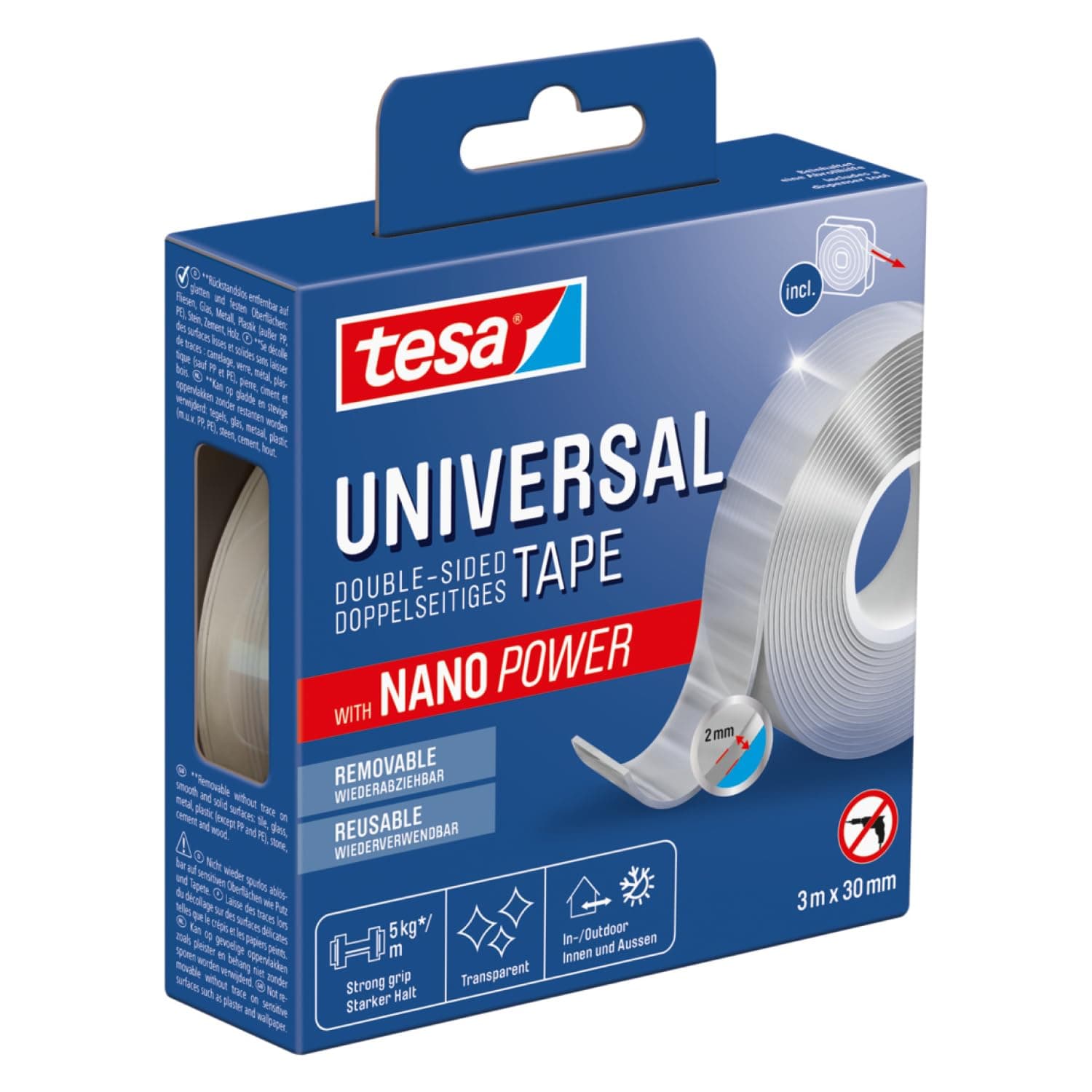 Tesa Universal Nano Tape - transparentes, doppelseitiges Klebeband - ideal für In- und Outdoor - wiederverwendbar und we