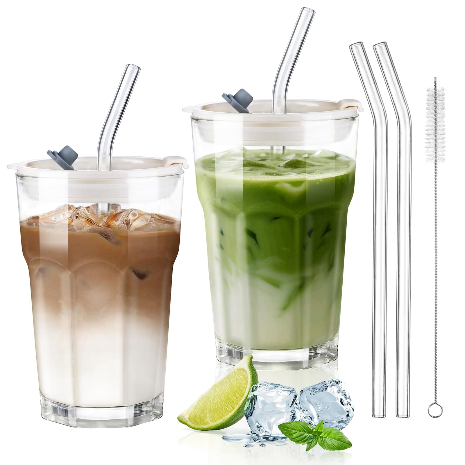 Ecooe 2 Stück Glasbecher mit Deckel und Strohhalm für Matcha Latte und Cocktails 380ml Wasserdichte Kaffeegläser