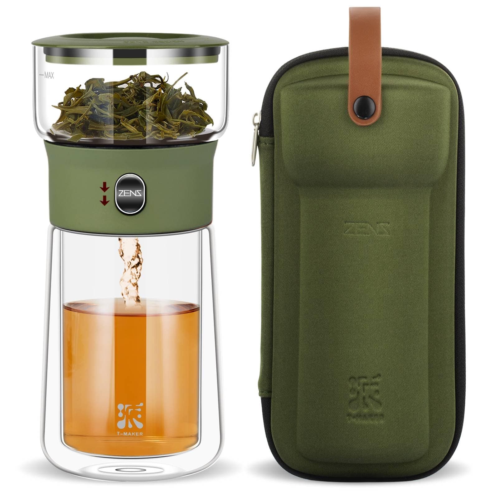 ZENS Modern Teekanne Glas mit Sieb für Teeliebhaber in Portable Tea Maker mit Isolierbecher
