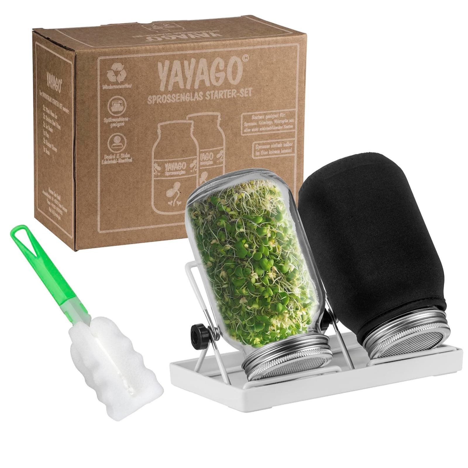Sprossenglas Starter-Set 2er Keimglas Set 750ml für Kräuter & microgreens I Inkl. Siebdeckel, Abtropfschale, Verdunklung