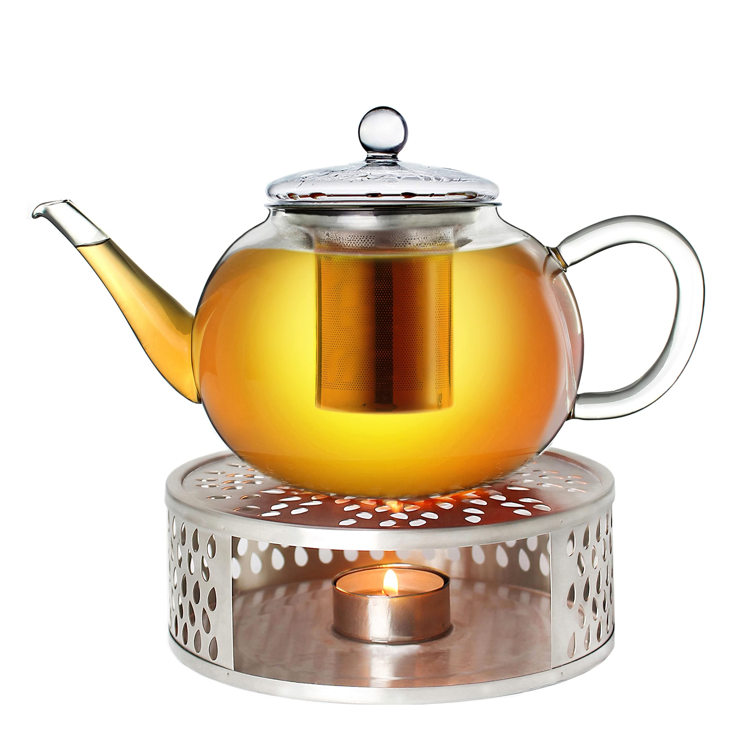Creano Glas Teekanne 1,2l + Edelstahl Stövchen, ideal für Teezubereitung mit Losen Blüten