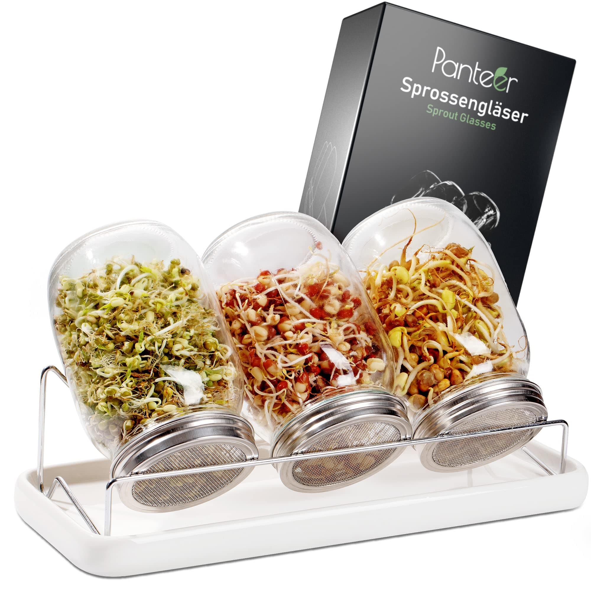 Sprossenglas Keimglas 940ml Premium Edelstahl Deckel - Für Sprossen & Sprossenzucht - Keimglas mit Keramikschale und Met